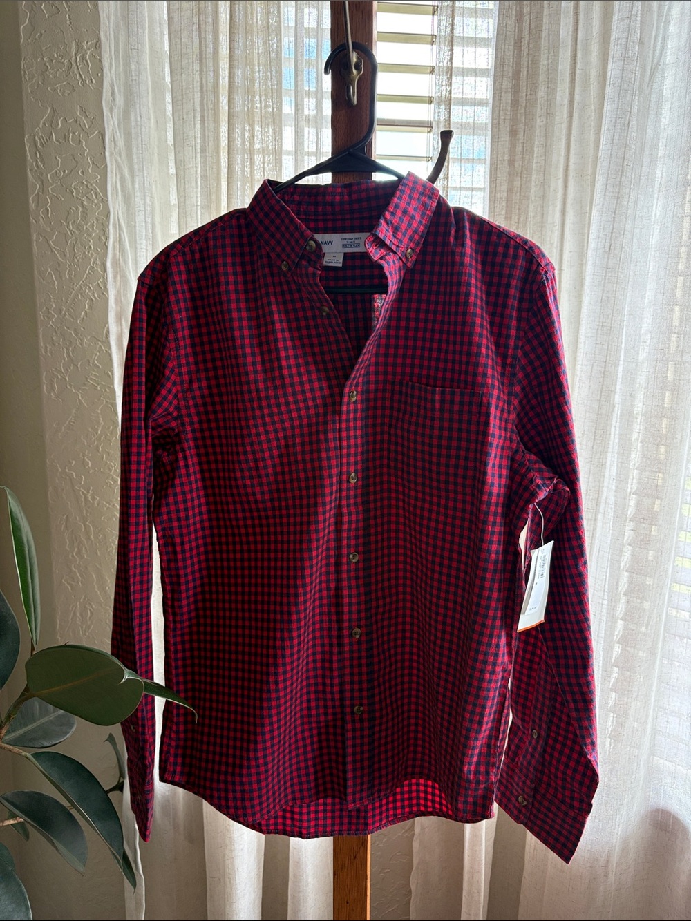 Men's Red and Navy Plaid Button-Down Shirt